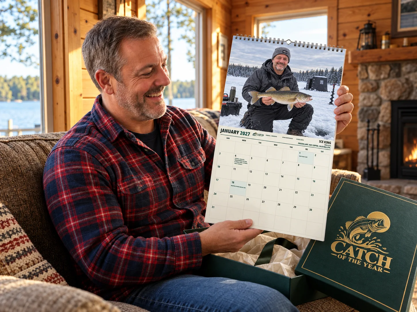Illustrative scene of a fisherman opening his personalized calendar